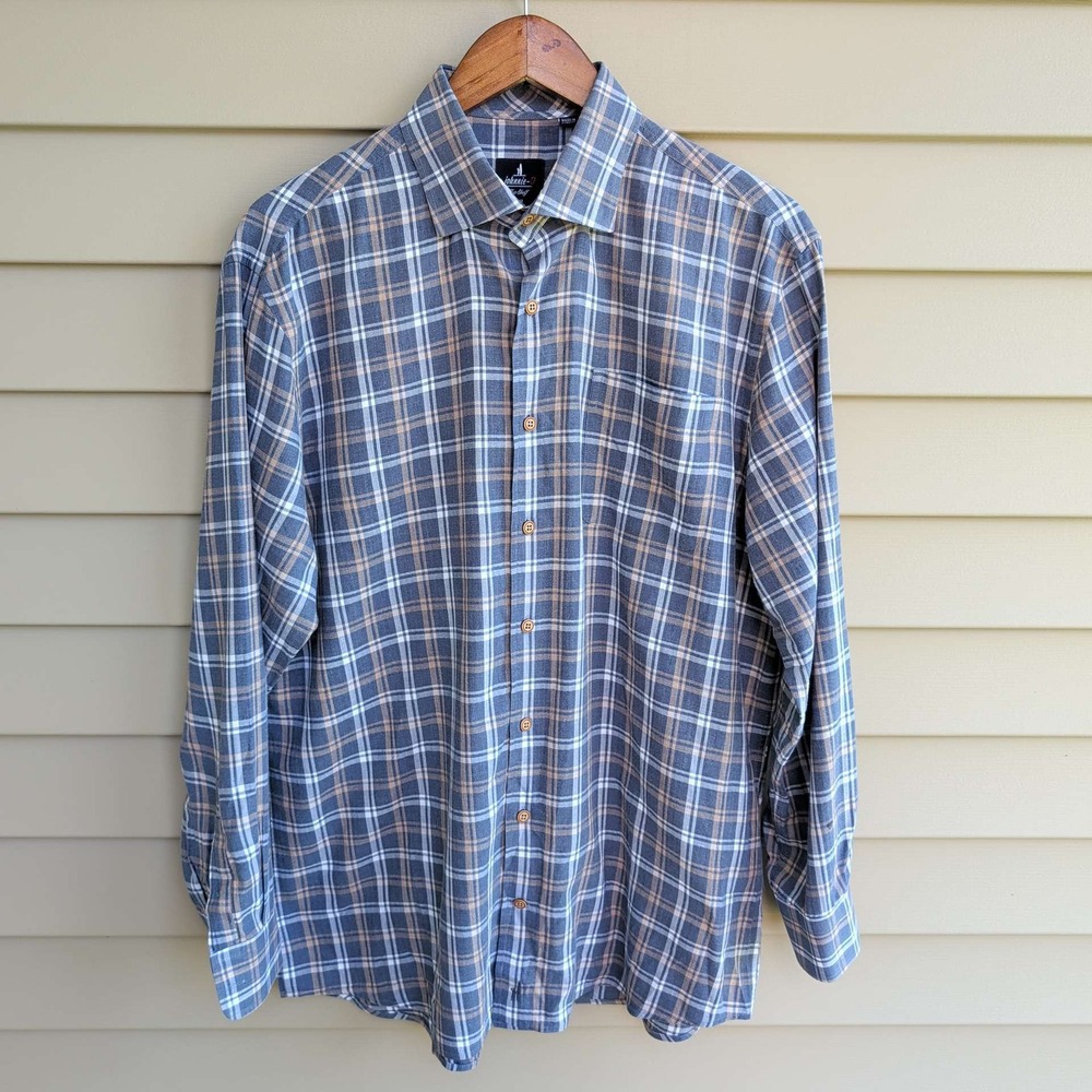 Johnnie-O Top Shelf Shirt Mens Large Blue Tan Plaid Cotton Long Sleeve Button Up